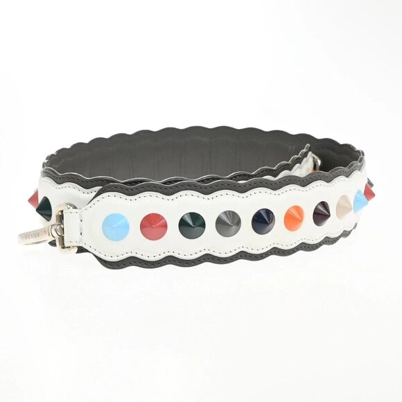FENDI Logo Bag Shoulder Strap Studs Leather Plastic White Gray 68FC078 - Picture 1 of 14